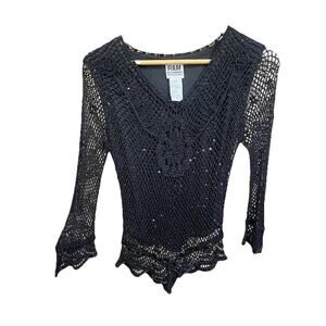 Vtg Y2K Whimsigoth Black Crochet Flare Sleeve Top Size Medium Beaded Embellished